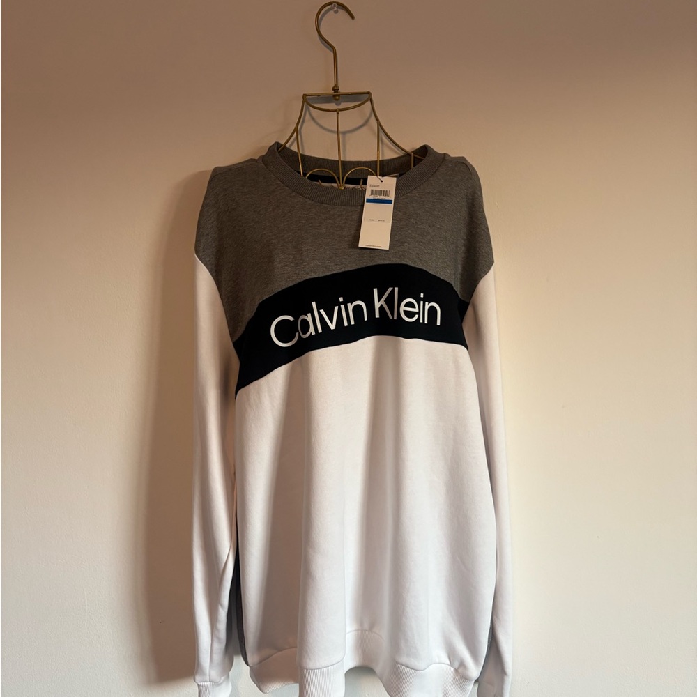 Calvin Klein Men's Gray, Black, and White Crewneck Sweater